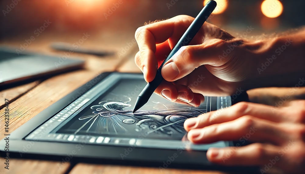 Fototapete A hand using a stylus pen on a digital tablet for design work. Generative AI