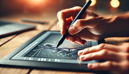 A hand using a stylus pen on a digital tablet for design work. Generative AI