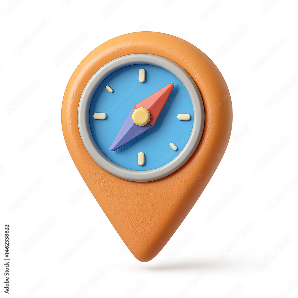 Poster 3d render of an orange compass location pin icon on gradient background