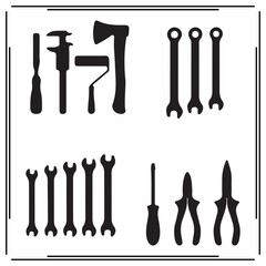 Tool Silhouettes Collection – Vector Illustration of Hand Tools Including Wrenches, Pliers, Screwdrivers, Axe, and Paint Roller – Black Hardware Shapes for DIY, Repair, and Design Use.


