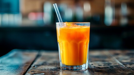 Freshly made vegetable juice in a clear glass with a straw.