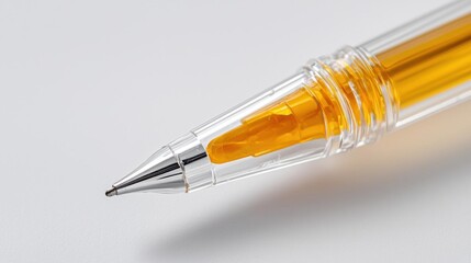 Naklejka premium Close-up of a pen with a yellow body and a silver tip. the pen appears to be made of transparent plastic and has a cylindrical shape with a pointed tip at the end.