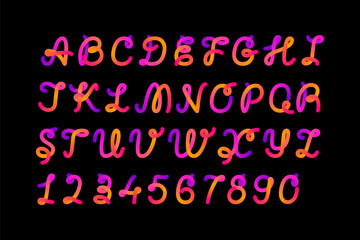 Vivid color font alphabet and 3d numbers. Cursive round paint game typo, holographic ribbon. Folded line fusion type, flexible intersection tube. Trendy pop vector wave, neon liquid book cover script