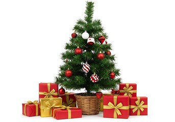 A christmas tree decorated with red and white ornaments surrounded by wrapped presents on white background