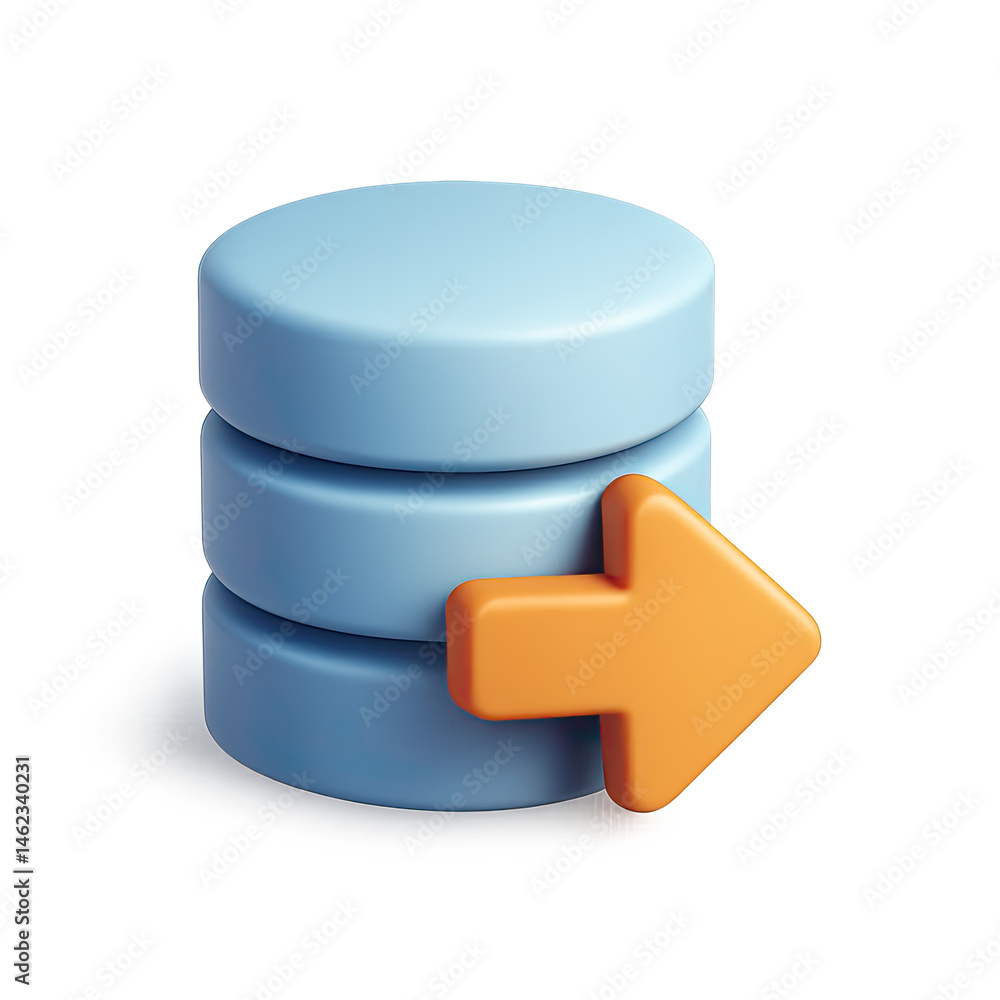 Poster 3d render of blue database with orange arrow, data transfer concept