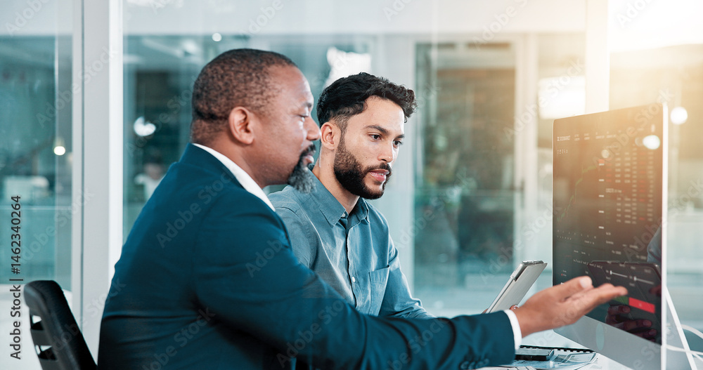 Poster men, trading and computer screen with tablet, discussion and review at office with partner for stats