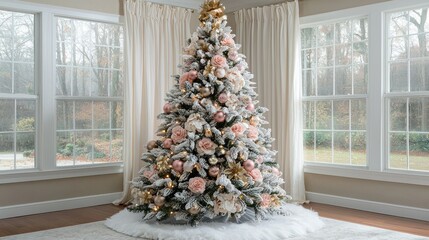 Elegant, frosted Christmas tree adorned with blush pink and gold ornaments, set in a sun-drenched room with large windows