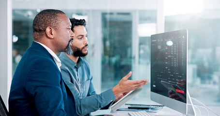 Pointing, employee and discussion with manager, computer screen and feedback for data analysis and...