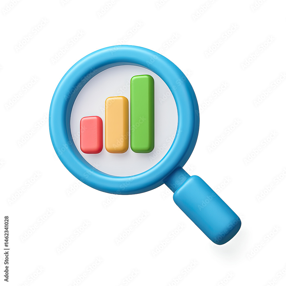 Aufkleber 3d render of blue magnifying glass with colorful bar graph on gray background