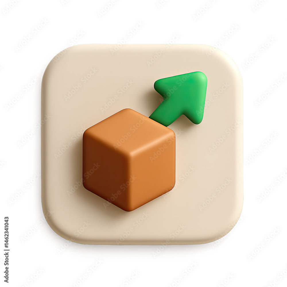 Poster 3d render of brown cube and green up arrow icon on beige square background