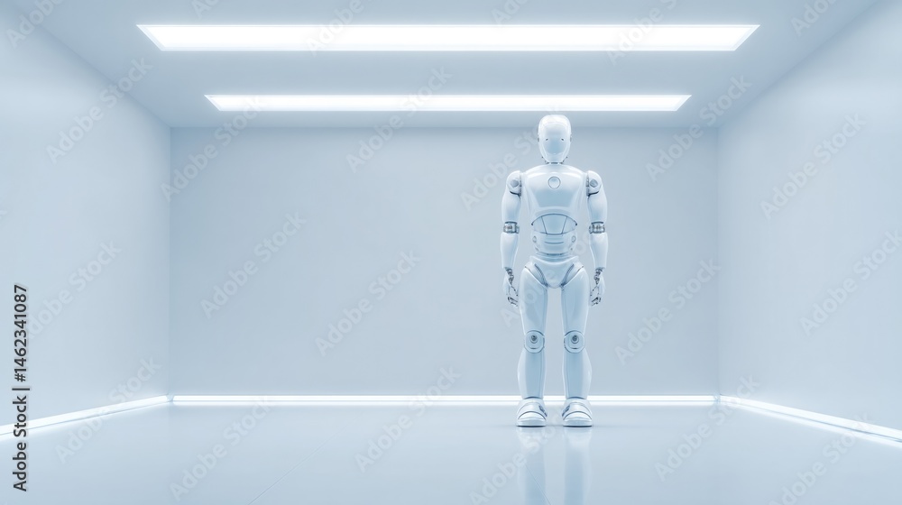 Aufkleber single humanoid robot standing in empty futuristic office with blank walls representing increasing p