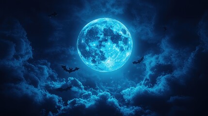 Spooky Blue Moon with Bats Flying in a Night Sky