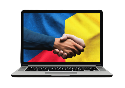 Hands shaking, laptop screen, flag