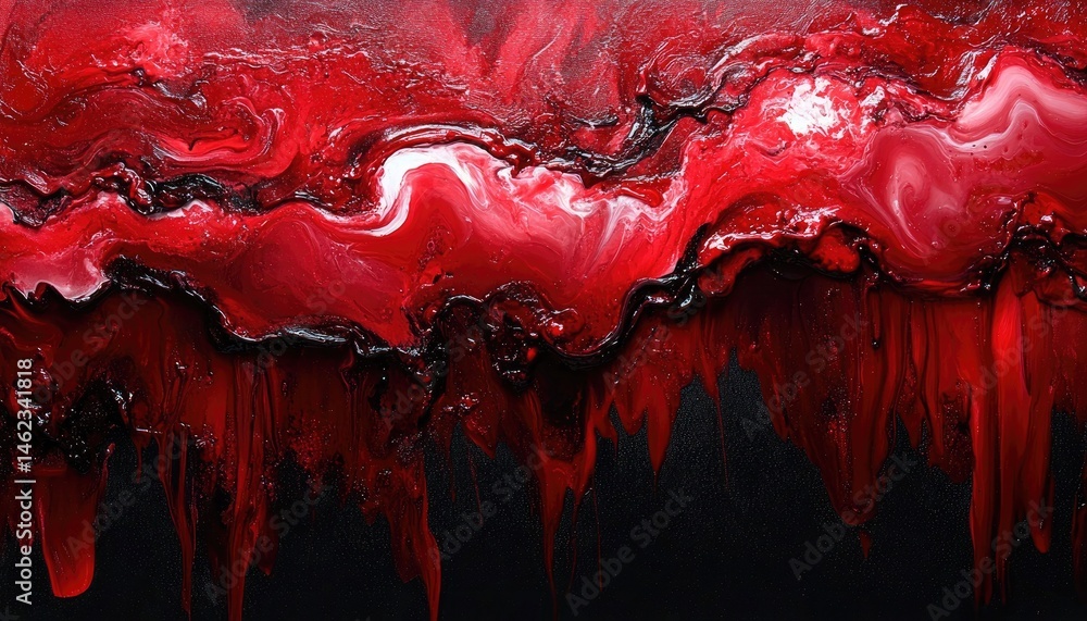 Poster abstract crimson paint drips on a black canvas creating a unique pattern. perfect background for pro