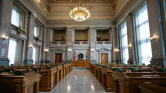 Elegant legislative chamber with ornate chandeliers, wooden furnishings, and natural light
