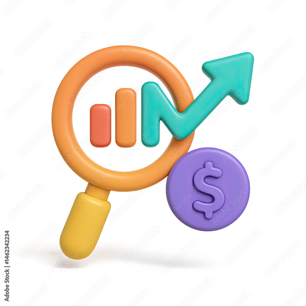 Poster 3d render of colorful magnifying glass with bar graph and upward arrow on dollar coin