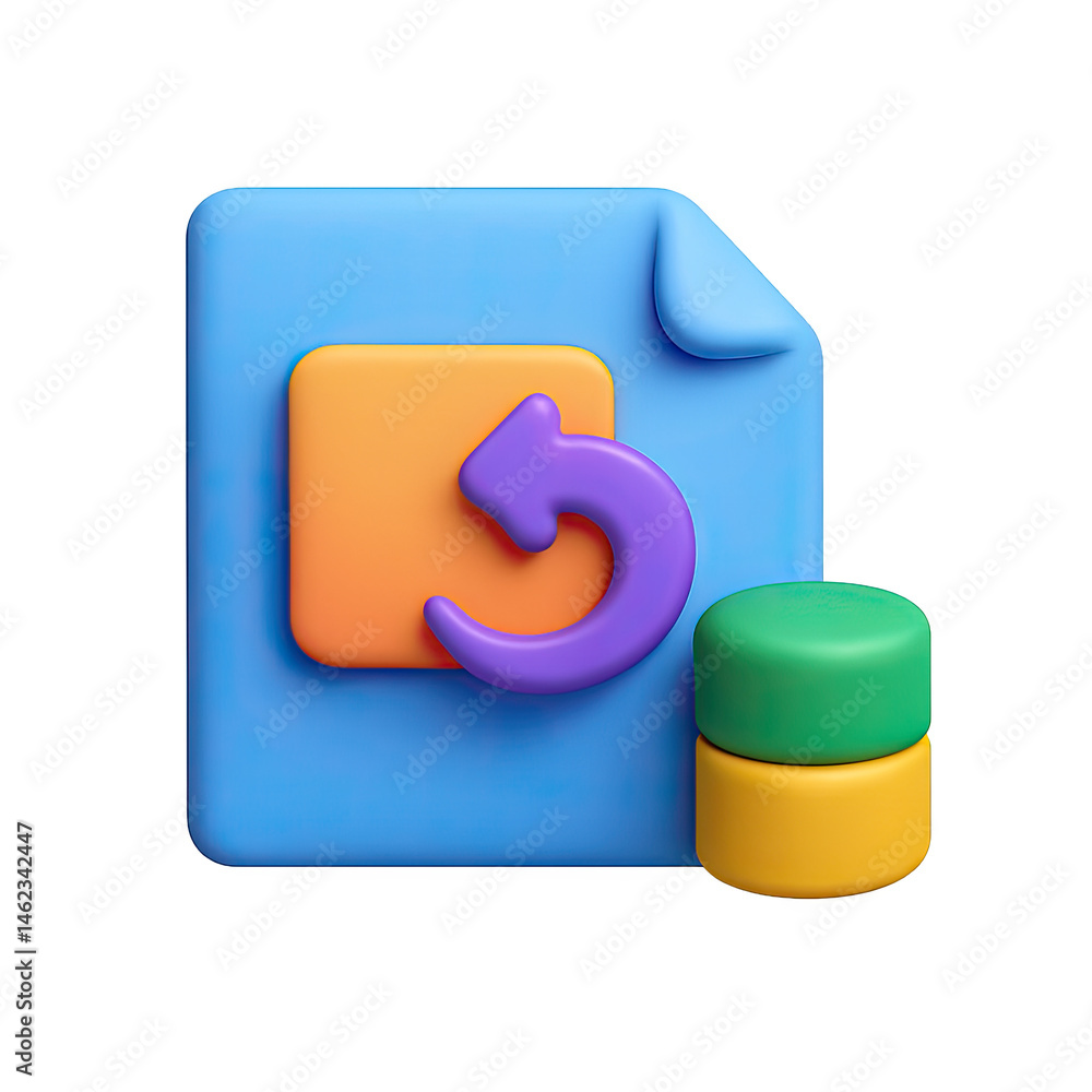 Poster 3d render of data transfer icon blue document with purple arrow and green yellow database