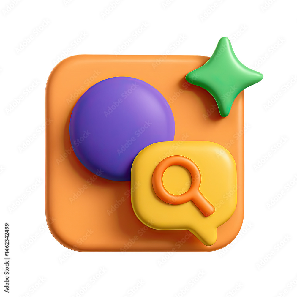 Poster 3d render of glossy app icon with search symbol
