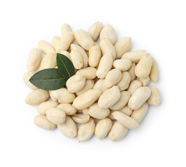 Pile of fresh peeled peanuts isolated on white, top view
