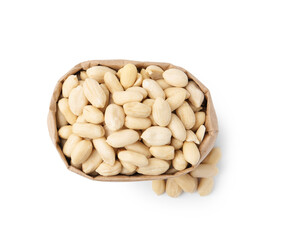 Peeled peanuts in paper bag isolated on white, top view