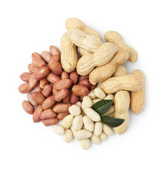 Pile of different peanuts and leaves isolated on white, top view