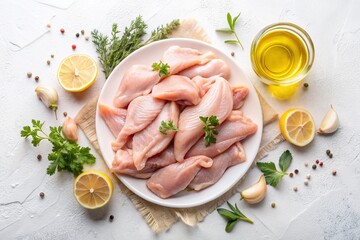 Raw Chicken Strips, Ready to Cook, White Background - High-Resolution Stock Photo
