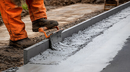 Construction Worker Smoothing Fresh Concrete
