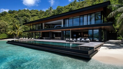 Fototapeta premium A luxurious overwater villa surrounded by turquoise ocean waters