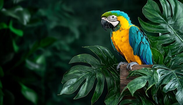 Vibrant parrot perched amidst lush jungle foliage