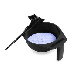 Bowl with hair bleaching powder and brush isolated on white