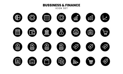 Minimalist business and finance icon set in flat black circle style. Includes symbols of economy, investment, currency, and office tools. Perfect for web design, UI/UX, presentations, and infographics