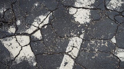 Cracked asphalt surface with faded white markings, showcasing wear and neglect in an urban setting