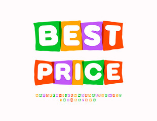 Vector Business flyer Best Price. Creative Font in Colorful Blocks. Exclusive Alphabet Letters and Numbers set.