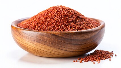 Red Finger Millet (Ragi) in Wooden Bowl, Isolated on White Background - Tilt-Shift Photography
