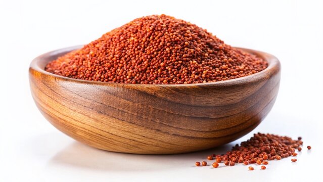 Red Finger Millet (Ragi) in Wooden Bowl, Isolated on White Background - Tilt-Shift Photography