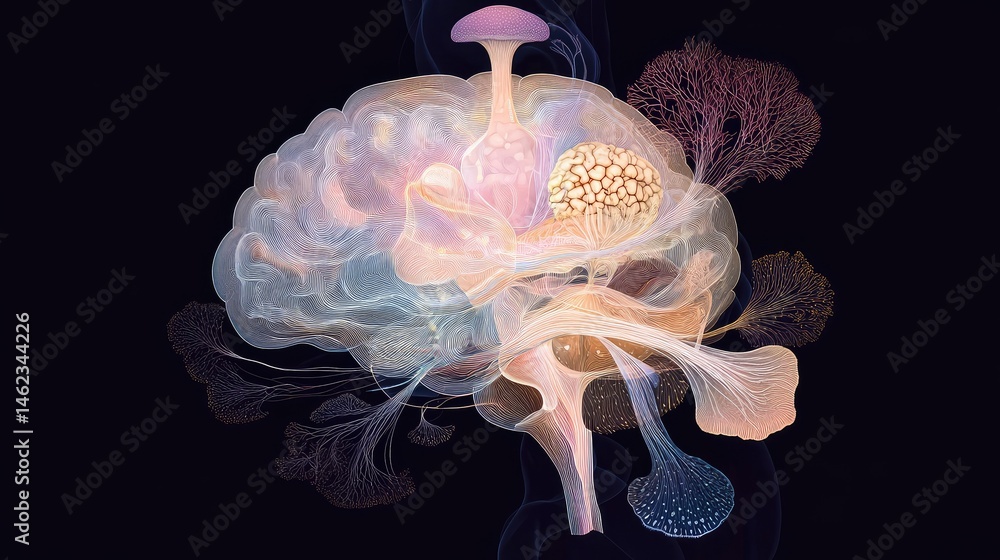 Poster abstract representation of a human brain with artistic features showcasing neural connections, brain