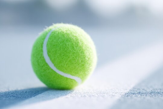 solitary tennis ball sits on pristine white court line bathed in sunlight casting subtle shadow on ground