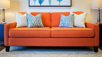 A contemporary living room setup featuring a striking orange sofa complemented by elegant wall art, creating a beautiful and abstract wallpaper and background