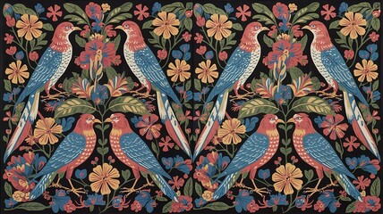 Colorful Birds and Floral Pattern on Black Background, Decorativ
