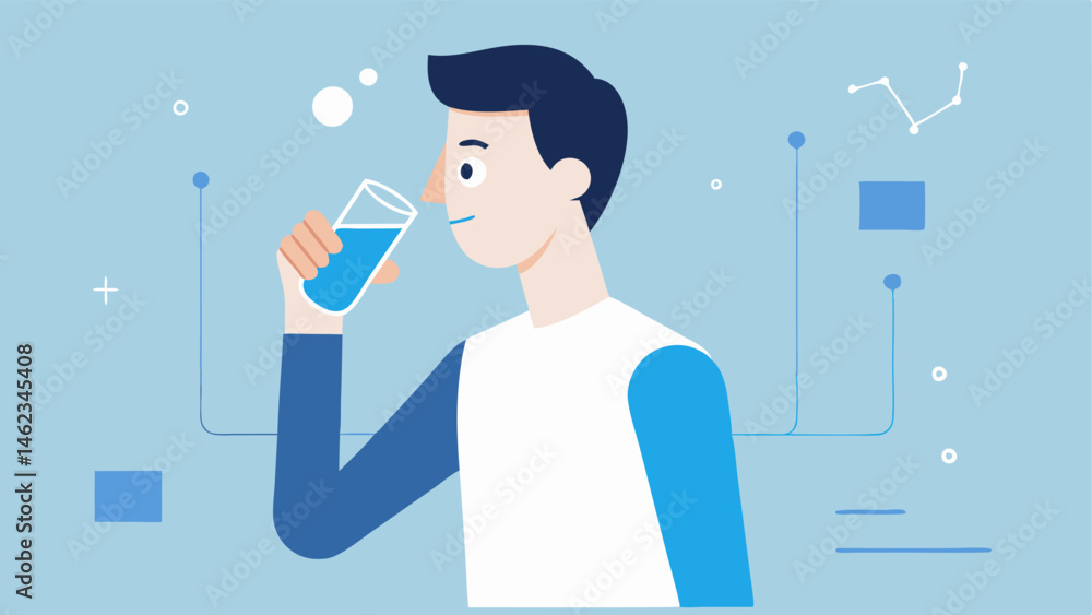 Poster hydration focus an image of a biohacker drinking a glass of water while a hydration chart shows the 