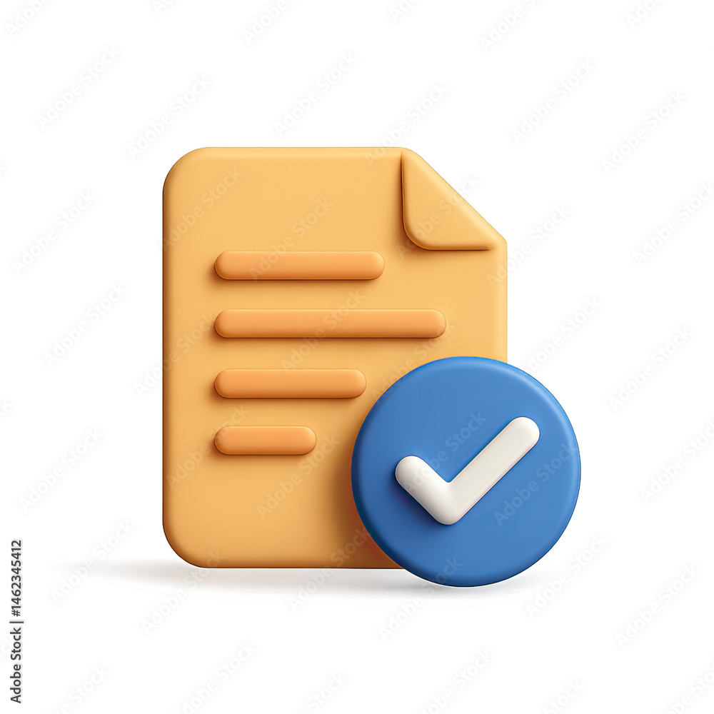 Poster 3d render of orange document with blue check mark icon on dark background