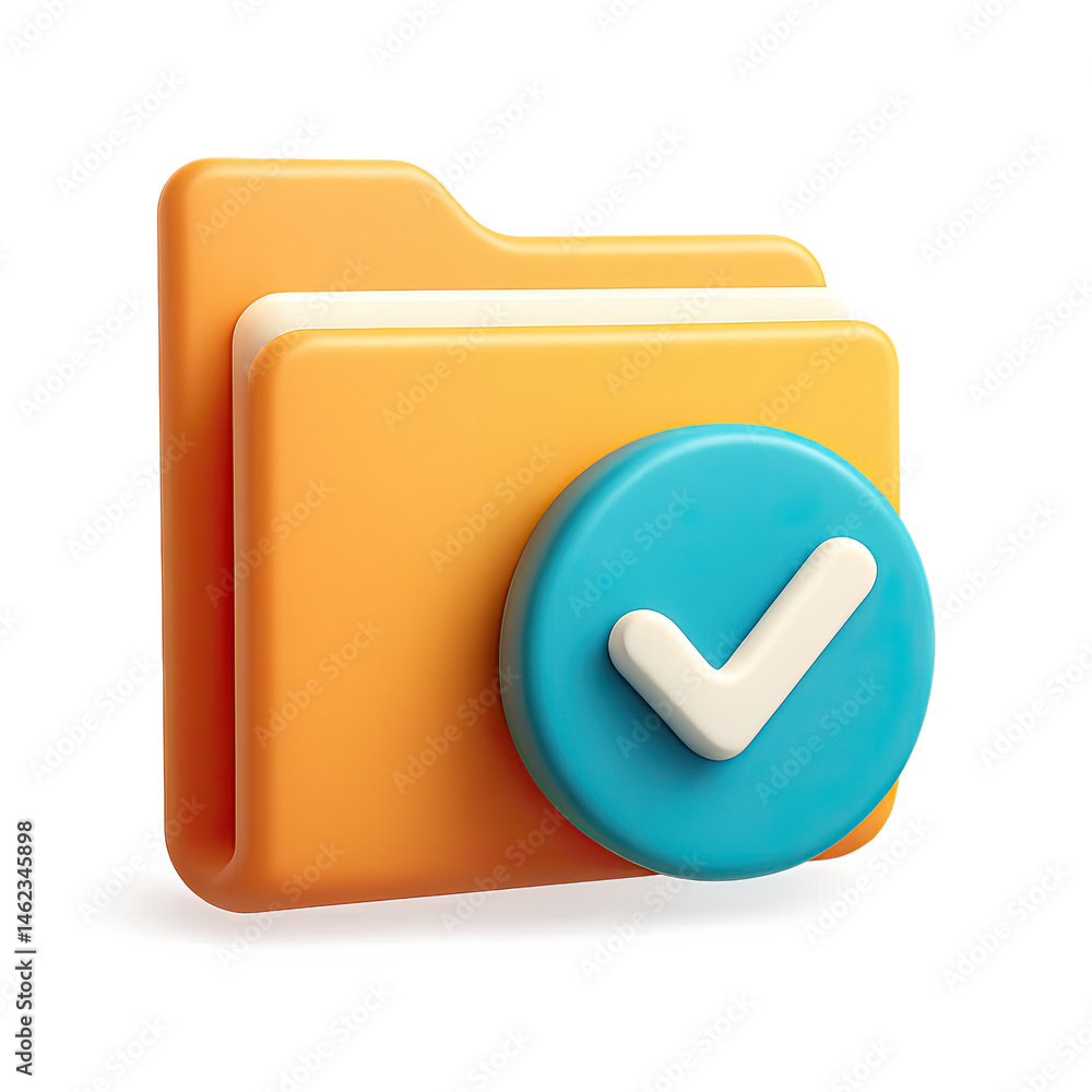Poster 3d render of orange folder with blue check mark icon on dark background