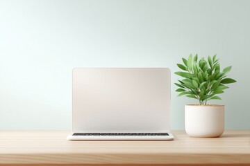 Fototapeta premium tidy home office setup with sleek laptop and stylish potted plant on modern desk