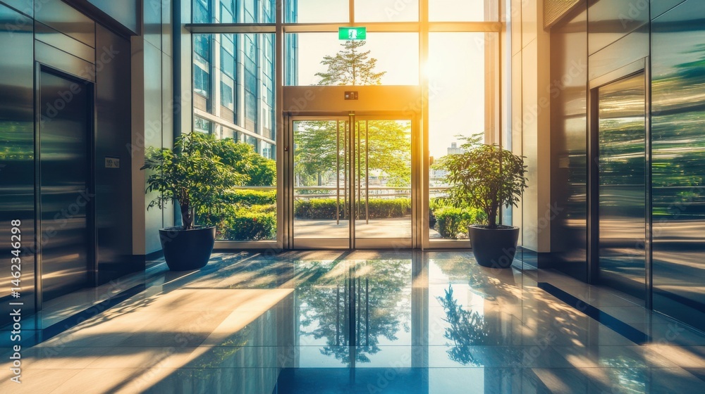 Poster sunlit modern elevator lobby with reflective floor and shadow patterns