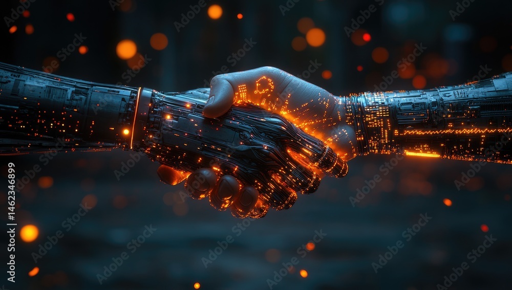 Poster digital pixel handshake with orange particles on dark background symbolizing partnership and technol