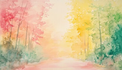 Colorful Autumn Forest Pathway Watercolor Painting