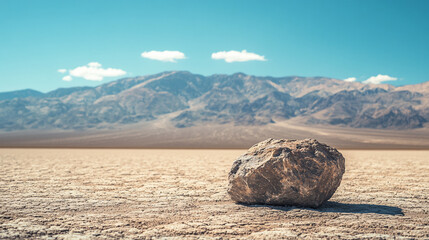 Vast desert landscape with a solitary rock formation.