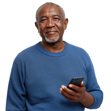 Retired African-American man smiling and holding a smartphone, isolated on white or transparent background