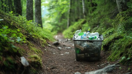 Littered recycling bin filled with plastic bottles along a serene forest trail surrounded by lush greenery and rustic natural beauty inviting eco-friendly practices
