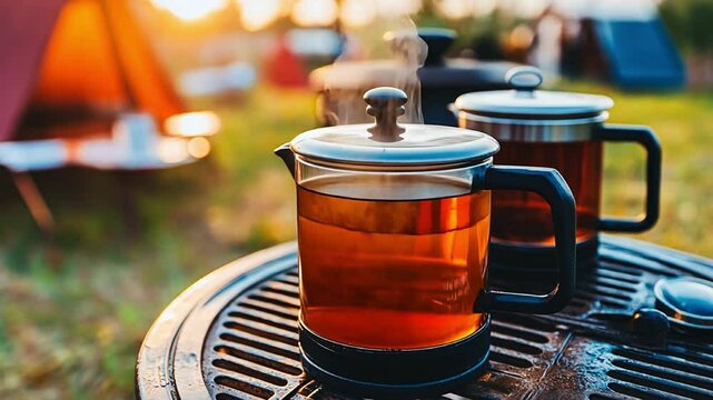 Two steaming French press coffee makers on a rustic table in a vibrant outdoor camping scene